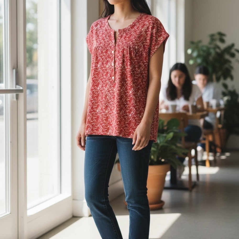 NWT Ness of Scotland Red Feather-Print short sleeve Top size US 4